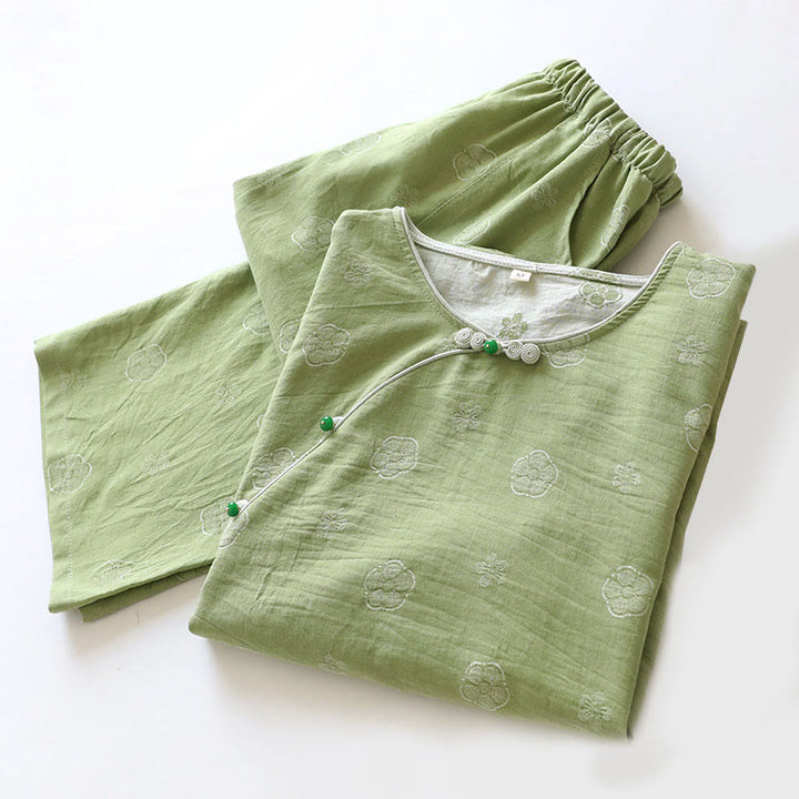 Buddha Stones, 2 sztuki, kwiatowy wzór, koszula z długim rękawem, okrągły dekolt, spodnie zapinane na guziki, komplet bawełniany  - image 5