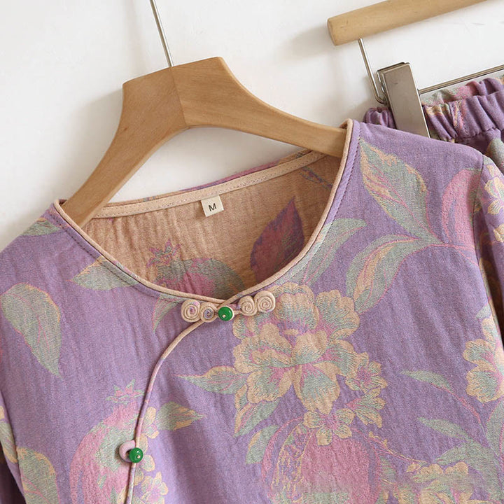 Buddha Stones, 2 sztuki, kwiatowy wzór, koszula z długim rękawem, okrągły dekolt, spodnie zapinane na guziki, komplet bawełniany  - image 9