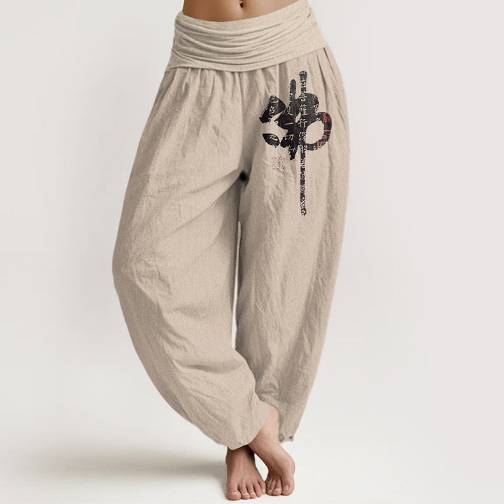 Damskie spodnie haremowe z elastyczną talią i chińskimi znakami z Buddha Stones z czystej bawełny - Dębnik - US16, UK/AU20, EU48 (3XL) - image 0