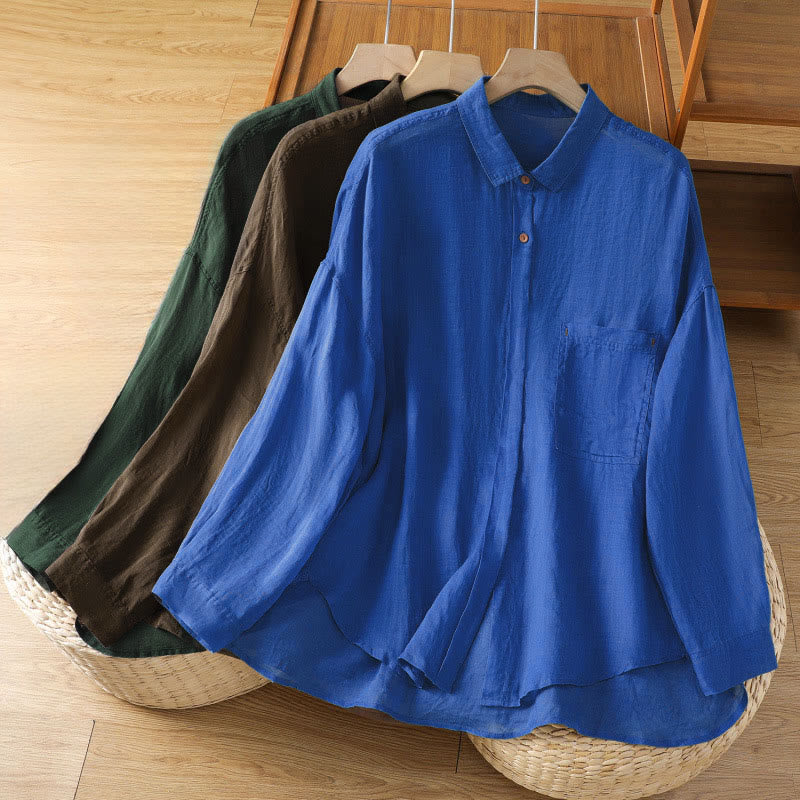 Koszula damska z długim rękawem i kieszenią „Buddha Stones Fall Commute” z klapą - image 0