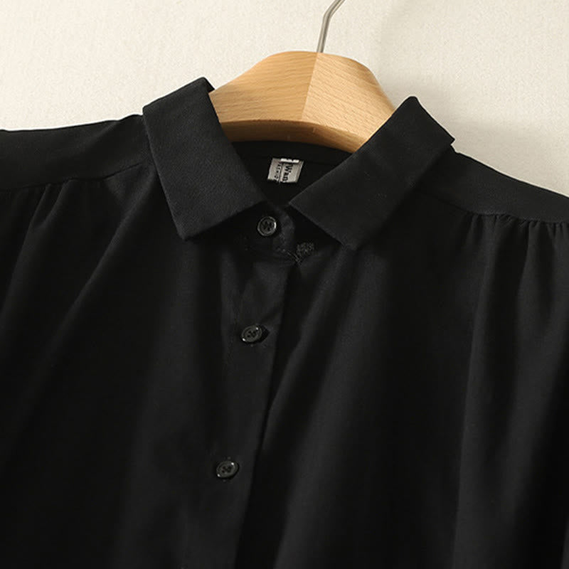 Sukienka midi z bawełny Buddha Stones w jednolitym kolorze, z długimi rękawami i kieszeniami, z klapami i guzikami - image 22