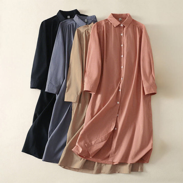 Sukienka midi z bawełny Buddha Stones w jednolitym kolorze, z długimi rękawami i kieszeniami, z klapami i guzikami - image 0