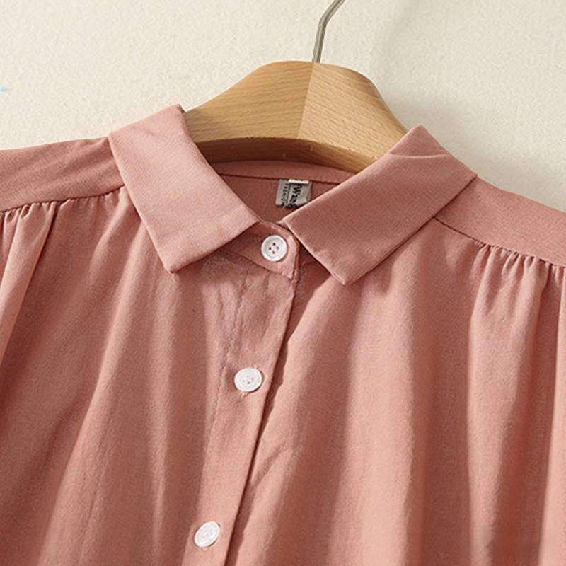 Sukienka midi z bawełny Buddha Stones w jednolitym kolorze, z długimi rękawami i kieszeniami, z klapami i guzikami - image 3