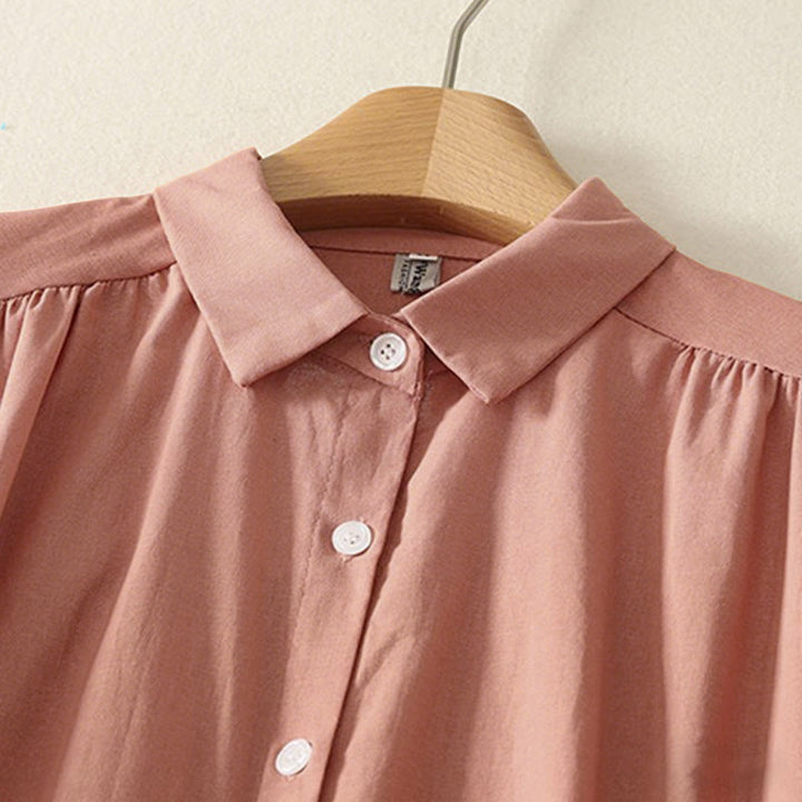 Sukienka midi z bawełny Buddha Stones w jednolitym kolorze, z długimi rękawami i kieszeniami, z klapami i guzikami - image 3