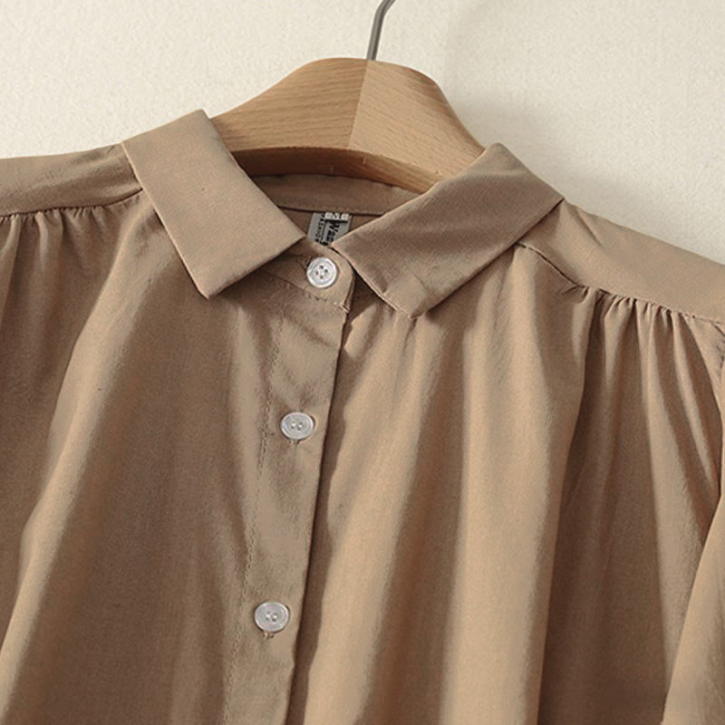 Sukienka midi z bawełny Buddha Stones w jednolitym kolorze, z długimi rękawami i kieszeniami, z klapami i guzikami - image 12