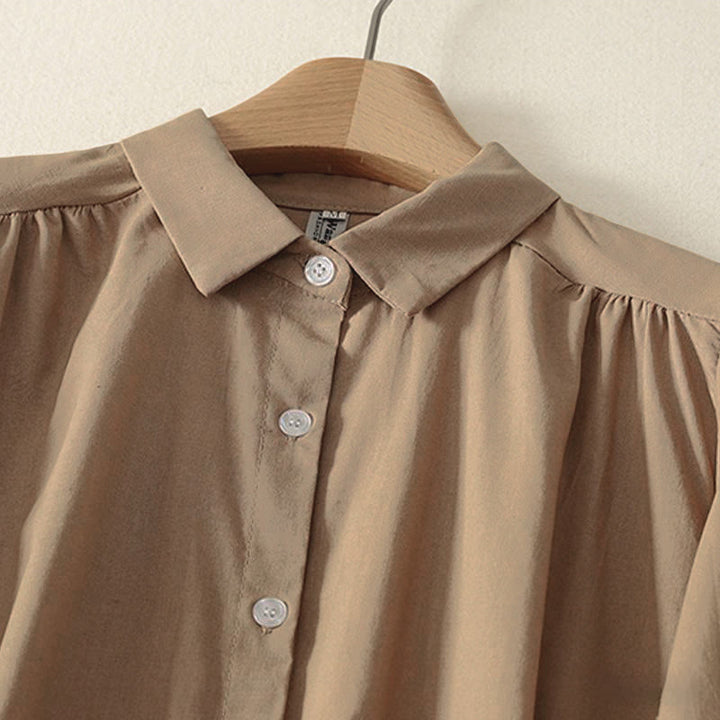 Sukienka midi z bawełny Buddha Stones w jednolitym kolorze, z długimi rękawami i kieszeniami, z klapami i guzikami - image 12