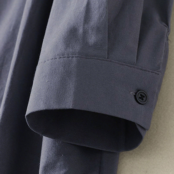 Sukienka midi z bawełny Buddha Stones w jednolitym kolorze, z długimi rękawami i kieszeniami, z klapami i guzikami - image 18