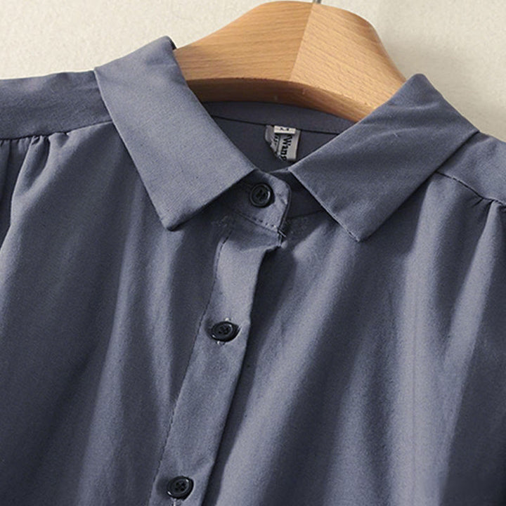 Sukienka midi z bawełny Buddha Stones w jednolitym kolorze, z długimi rękawami i kieszeniami, z klapami i guzikami - image 17