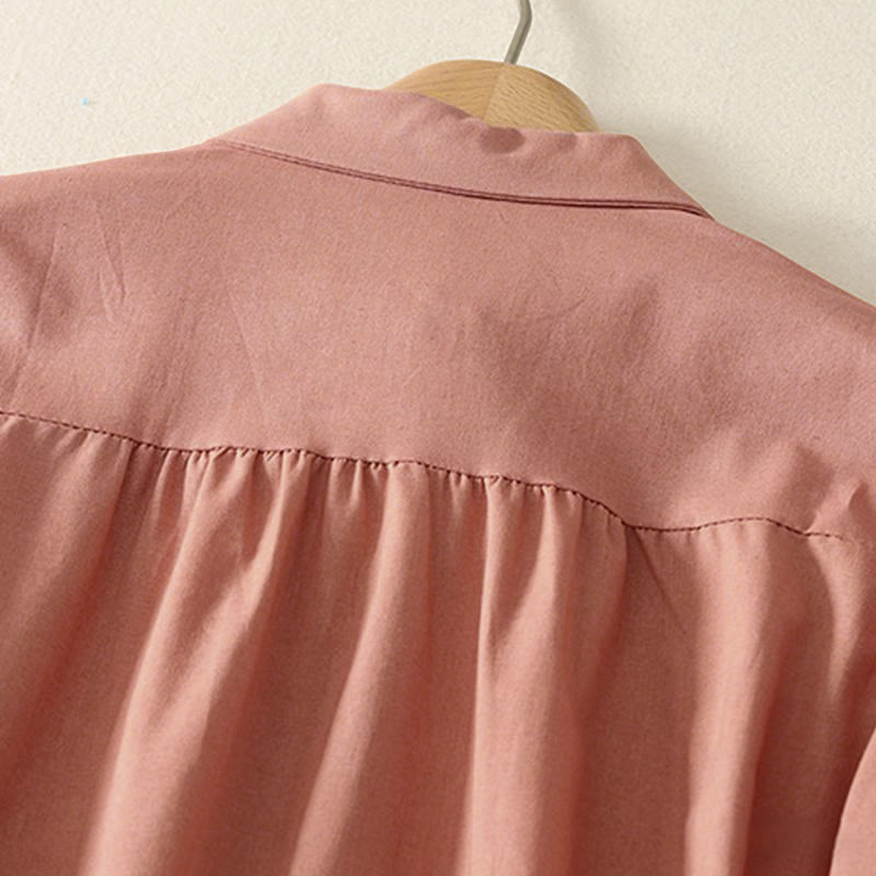 Sukienka midi z bawełny Buddha Stones w jednolitym kolorze, z długimi rękawami i kieszeniami, z klapami i guzikami - image 4