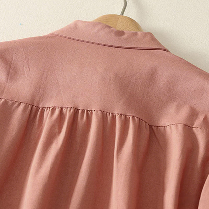 Sukienka midi z bawełny Buddha Stones w jednolitym kolorze, z długimi rękawami i kieszeniami, z klapami i guzikami - image 4