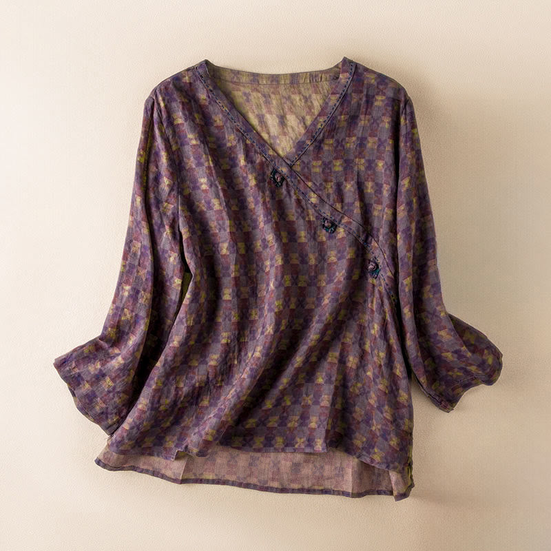 Koszula damska z długim rękawem i dekoltem w serek z nadrukiem w kwiaty "Buddha Stones" - Ciemna Magenta - US8-10，UK/AU12-14，EU40-42 (2XL) - image 0