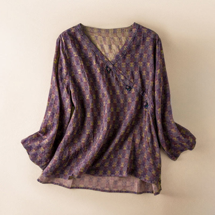 Koszula damska z długim rękawem i dekoltem w serek z nadrukiem w kwiaty "Buddha Stones" - Ciemna Magenta - US8-10，UK/AU12-14，EU40-42 (2XL) - image 0