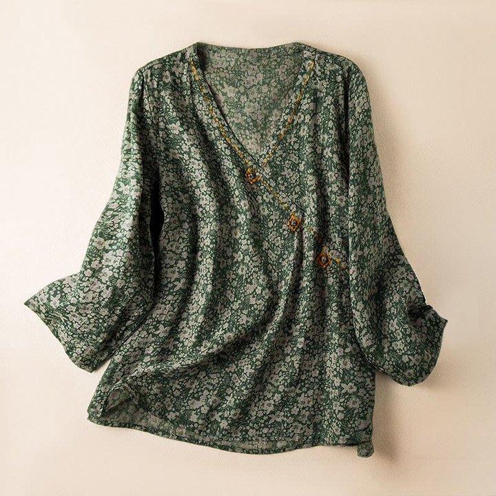 Koszula damska z długim rękawem i dekoltem w serek z nadrukiem w kwiaty "Buddha Stones" - SeaGreen - US8-10，UK/AU12-14，EU40-42 (2XL) - image 7