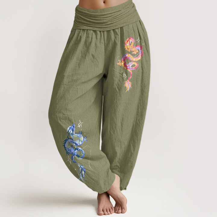 Damskie spodnie haremowe z elastyczną talią i wzorem smoka z czystej bawełny z Buddha Stones - Oliwkowy - US16, UK/AU20, EU48 (3XL) - image 14
