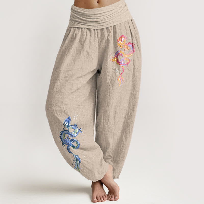 Damskie spodnie haremowe z elastyczną talią i wzorem smoka z czystej bawełny z Buddha Stones - Dębnik - US16, UK/AU20, EU48 (3XL) - image 11