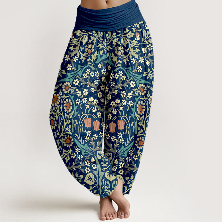 Spodnie haremki damskie z elastyczną talią i wzorem w kwiaty w stylu retro z motywem Buddha Stones z czystej bawełny i liści - Marynarka wojenna - US16, UK/AU20, EU48 (3XL) - image 5
