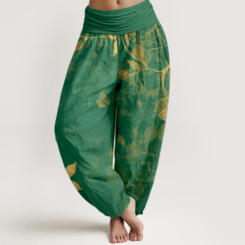 Spodnie haremki damskie z elastyczną talią i wzorem liści, wykonane z czystej bawełny z Buddha Stones - Zielony - US16, UK/AU20, EU48 (3XL) - image 0