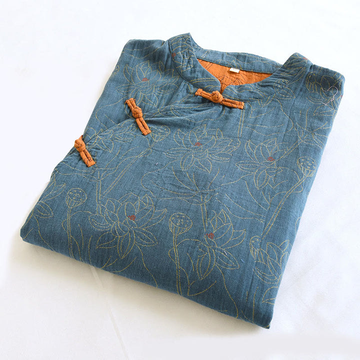 Sukienka midi z bawełny z długim rękawem i żakardowym wzorem w kwiaty w kształcie Buddha Stones, zapinana na guziki i kołnierzyk stójkowy - image 2