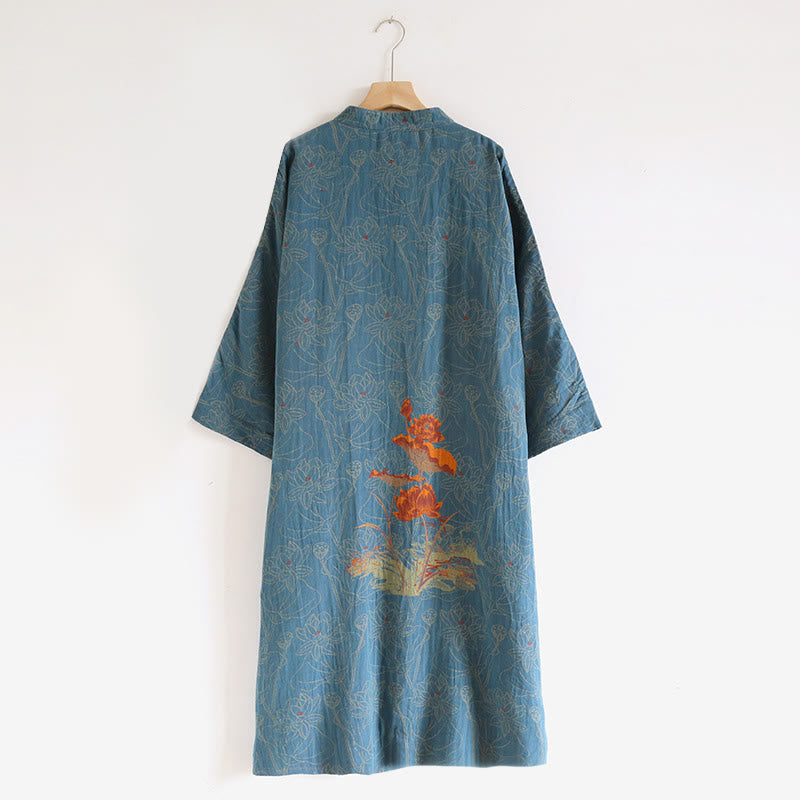 Sukienka midi z bawełny z długim rękawem i żakardowym wzorem w kwiaty w kształcie Buddha Stones, zapinana na guziki i kołnierzyk stójkowy - image 1