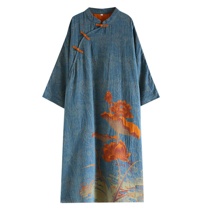 Sukienka midi z bawełny z długim rękawem i żakardowym wzorem w kwiaty w kształcie Buddha Stones, zapinana na guziki i kołnierzyk stójkowy - image 10