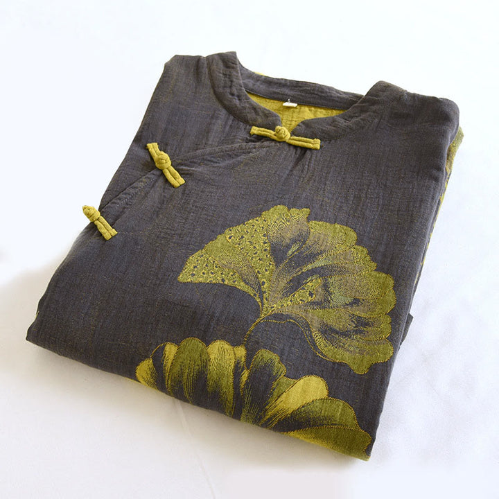 Sukienka midi z bawełny z długim rękawem i żakardowym wzorem w kwiaty w kształcie Buddha Stones, zapinana na guziki i kołnierzyk stójkowy - image 12