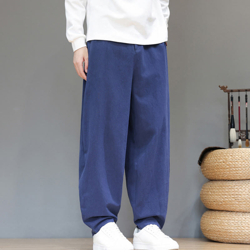 Spodnie bawełniane męskie Buddha Stones Fall Sports w jednolitym kolorze z guzikami i kieszeniami - image 2