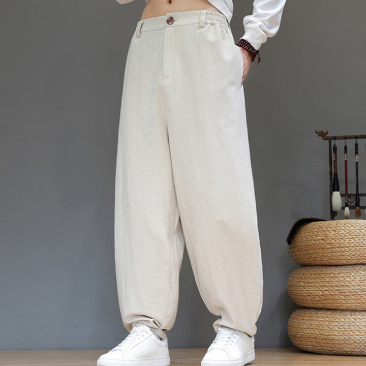 Spodnie bawełniane męskie Buddha Stones Fall Sports w jednolitym kolorze z guzikami i kieszeniami - image 18