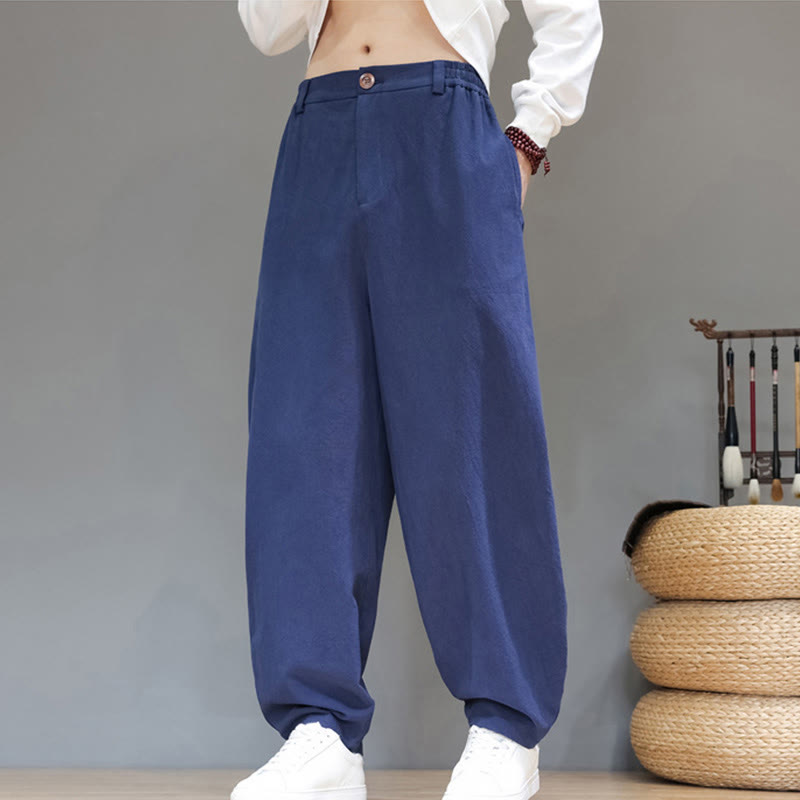 Spodnie bawełniane męskie Buddha Stones Fall Sports w jednolitym kolorze z guzikami i kieszeniami - image 0