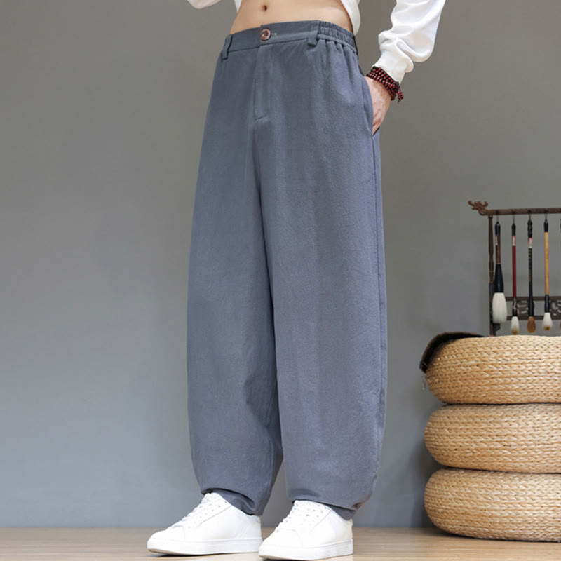 Spodnie bawełniane męskie Buddha Stones Fall Sports w jednolitym kolorze z guzikami i kieszeniami - image 6