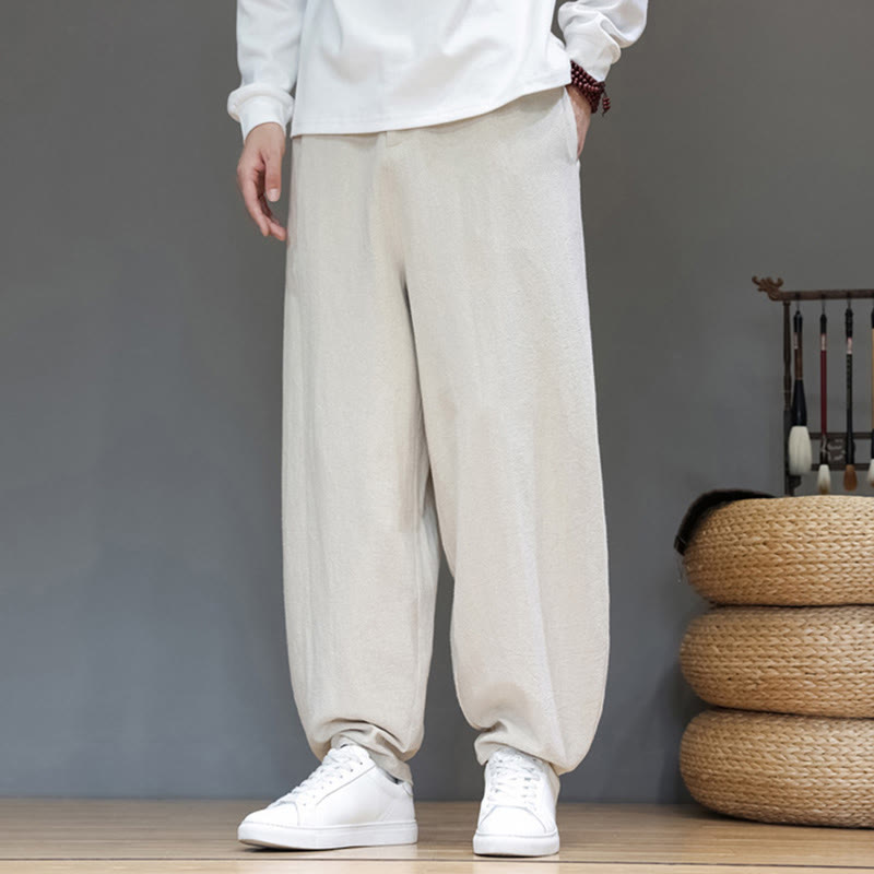 Spodnie bawełniane męskie Buddha Stones Fall Sports w jednolitym kolorze z guzikami i kieszeniami - image 15