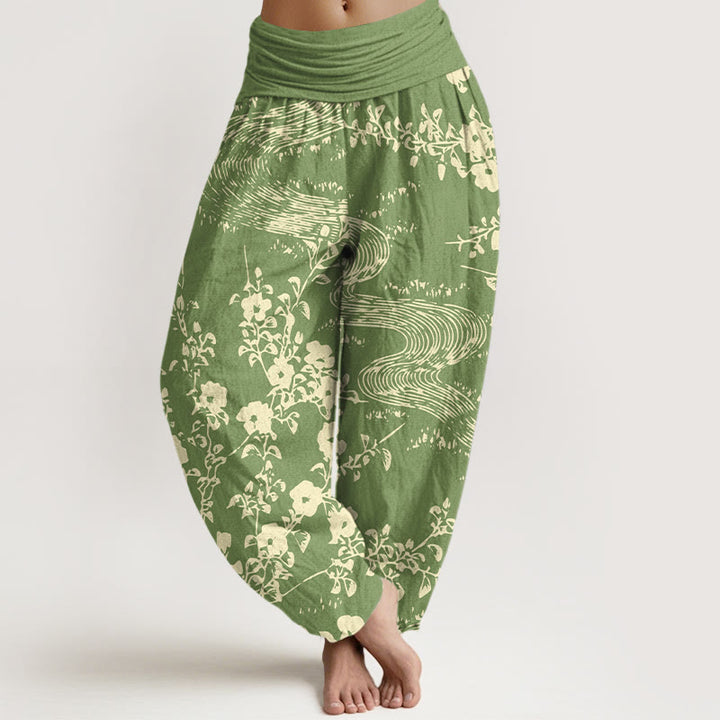 Spodnie Buddha Stones damskie z elastyczną talią i motywem kwiatów w kwiaty z czystej bawełny - Żółtozielony - US16, UK/AU20, EU48 (3XL) - image 8