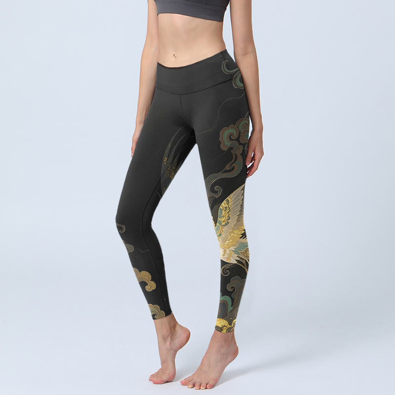 Legginsy do jogi damskie z nadrukiem w chmurę z motywem kamieni Buddha Stones i feniksa - Czarny - US18, UK/AU22, EU50 (4XL) - image 0