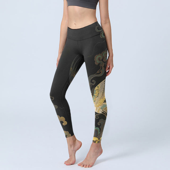 Legginsy do jogi damskie z nadrukiem w chmurę z motywem kamieni Buddha Stones i feniksa - Czarny - US18, UK/AU22, EU50 (4XL) - image 0