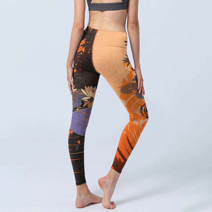 Buddha Stones, kwiaty lotosu, liście, wzór z falami wodnymi, legginsy do ćwiczeń, damskie spodnie do jogi - image 3