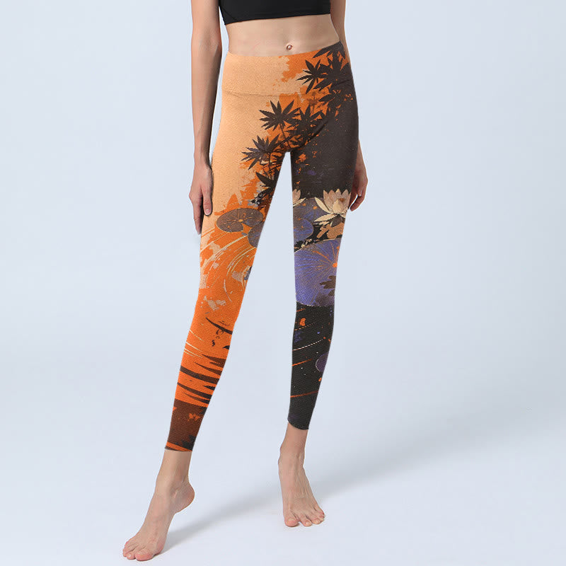 Buddha Stones, kwiaty lotosu, liście, wzór z falami wodnymi, legginsy do ćwiczeń, damskie spodnie do jogi - image 5