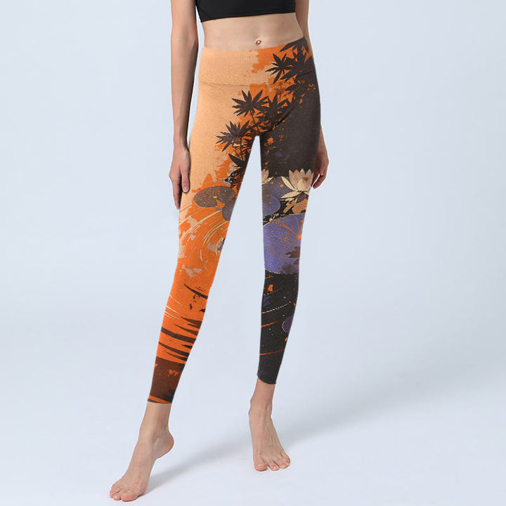 Buddha Stones, kwiaty lotosu, liście, wzór z falami wodnymi, legginsy do ćwiczeń, damskie spodnie do jogi - image 5