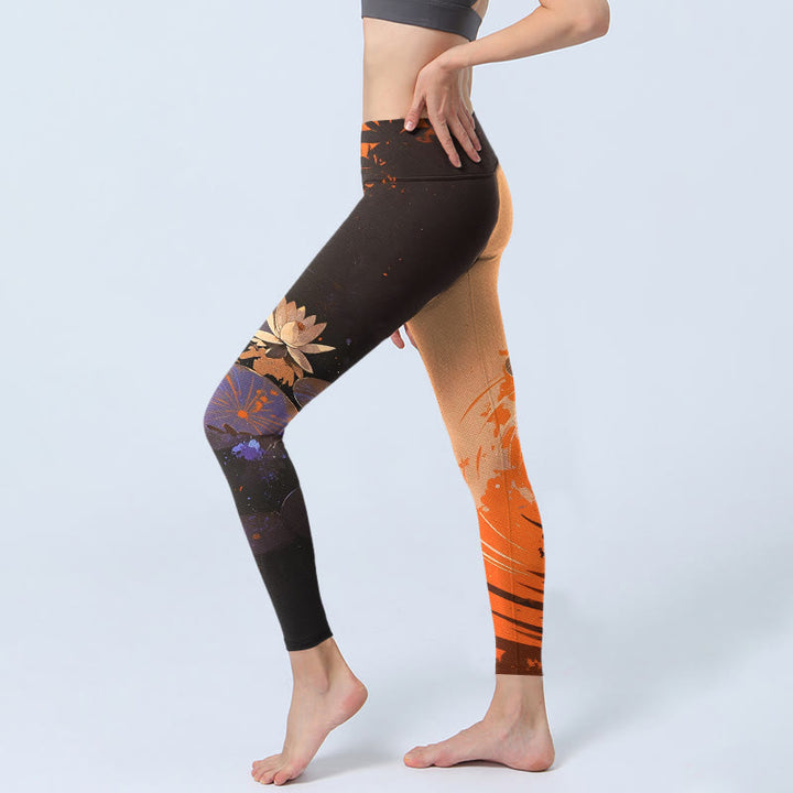 Buddha Stones, kwiaty lotosu, liście, wzór z falami wodnymi, legginsy do ćwiczeń, damskie spodnie do jogi - image 2