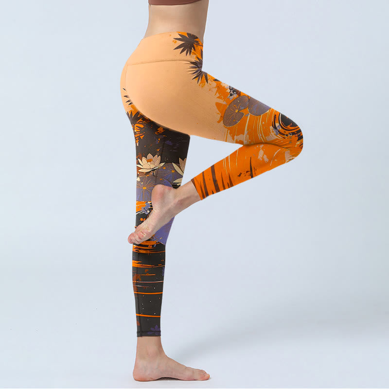Buddha Stones, kwiaty lotosu, liście, wzór z falami wodnymi, legginsy do ćwiczeń, damskie spodnie do jogi - image 4