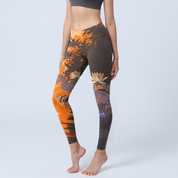 Buddha Stones, kwiaty lotosu, liście, wzór z falami wodnymi, legginsy do ćwiczeń, damskie spodnie do jogi - Pomarańczowy - US18, UK/AU22, EU50 (4XL) - image 0