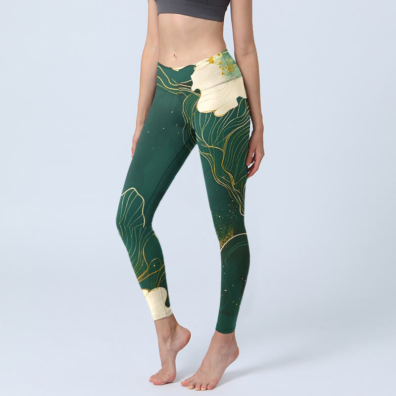 Eleganckie legginsy do jogi damskie z nadrukiem w kwiaty i motywem Buddha Stones - Ciemnozielony - US18, UK/AU22, EU50 (4XL) - image 0