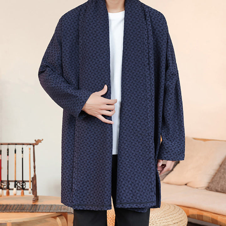 Zimowe kimono męskie z bawełny z długim rękawem i żakardem w prostym wzorze z motywem Buddha Stones - image 4