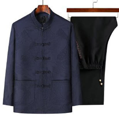 Buddha Stones, 2-częściowy zestaw dojazdowy, koszula męska z długim rękawem, spodnie, guziki żaba, komplet bawełniany - MidnightBlue - US/UK/AU44， EU54 (4XL) - image 2