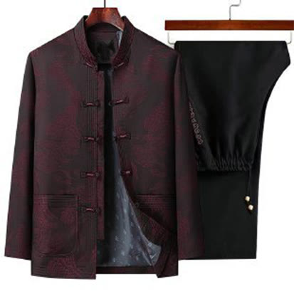 Buddha Stones, 2-częściowy zestaw dojazdowy, koszula męska z długim rękawem, spodnie, guziki żaba, komplet bawełniany - Ciemnoczerwony - US/UK/AU44， EU54 (4XL) - image 4