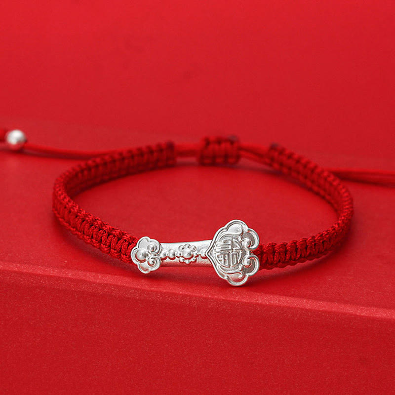 Bransoletka pleciona z Buddha Stones ze srebra próby 999, z motywem Ruyi Fu i czerwonym sznurkiem. - Czerwony sznurek (obwód nadgarstka: 19-20 cm) - image 0