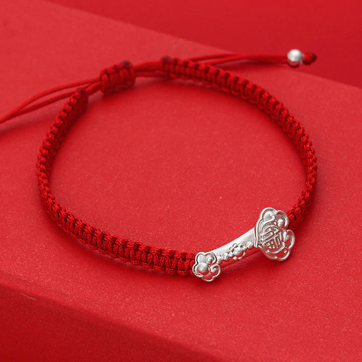 Bransoletka pleciona z Buddha Stones ze srebra próby 999, z motywem Ruyi Fu i czerwonym sznurkiem. - image 3