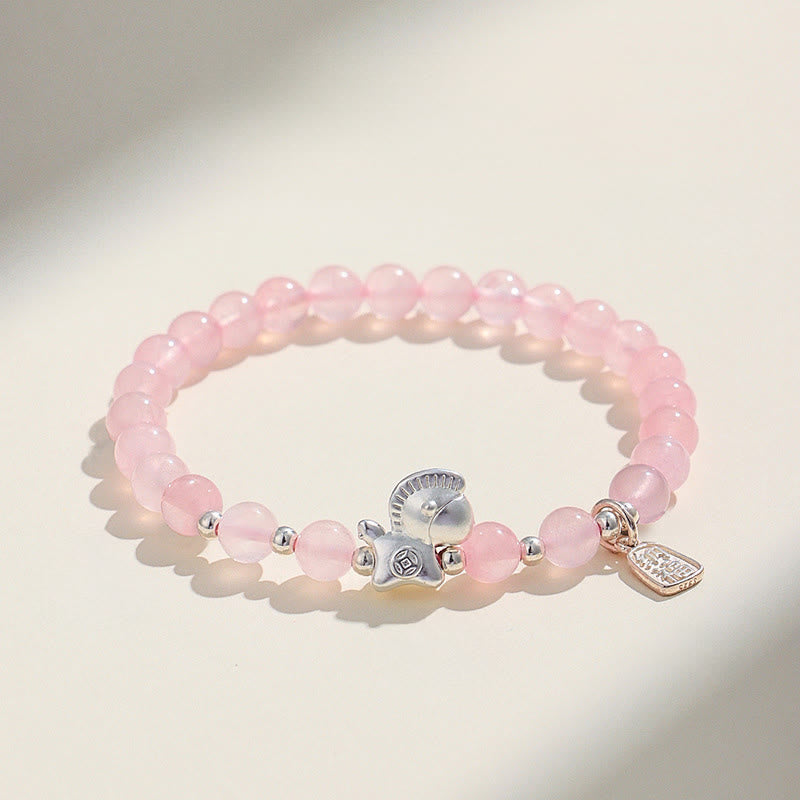 Bransoletka z Buddha Stones z roku konia, czarnego obsydianu, czerwonego agatu i różowego kryształu w srebrze - Różowy kryształ (obwód nadgarstka: 14-15 cm) - image 9