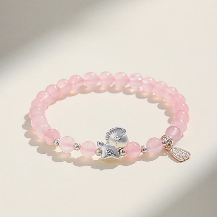 Bransoletka z Buddha Stones z roku konia, czarnego obsydianu, czerwonego agatu i różowego kryształu w srebrze - Różowy kryształ (obwód nadgarstka: 14-15 cm) - image 9