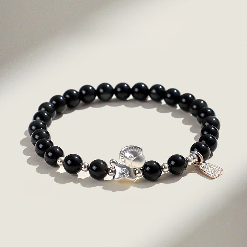 Bransoletka z Buddha Stones z roku konia, czarnego obsydianu, czerwonego agatu i różowego kryształu w srebrze - Czarny obsydian (obwód nadgarstka: 14-15 cm) - image 0