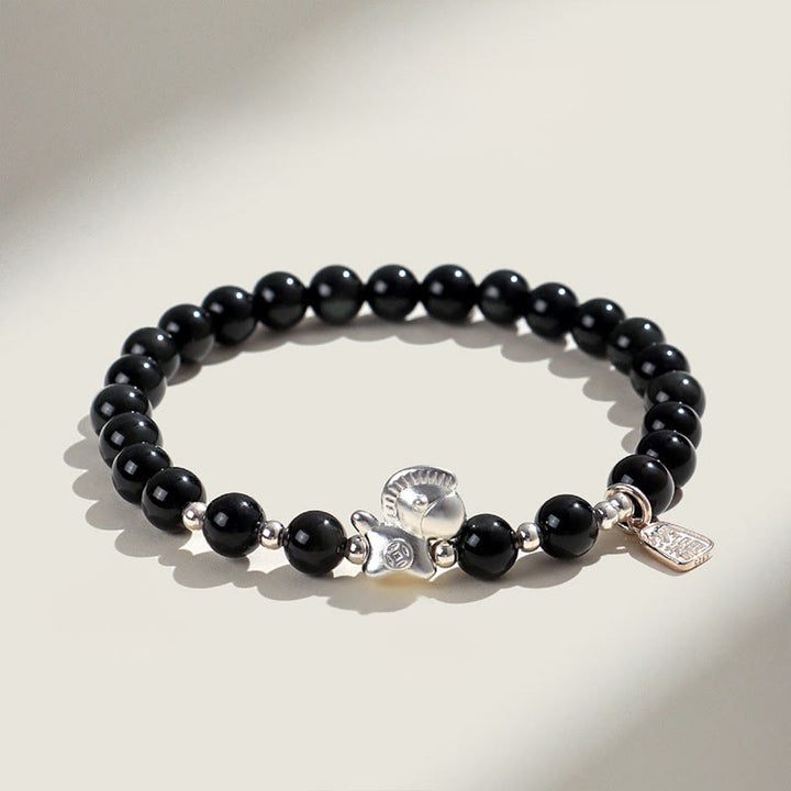 Bransoletka z Buddha Stones z roku konia, czarnego obsydianu, czerwonego agatu i różowego kryształu w srebrze - Czarny obsydian (obwód nadgarstka: 14-15 cm) - image 0