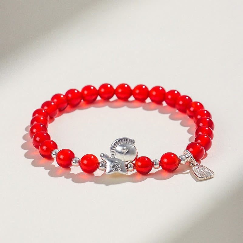 Bransoletka z Buddha Stones z roku konia, czarnego obsydianu, czerwonego agatu i różowego kryształu w srebrze - Czerwony agat (obwód nadgarstka: 14-15 cm) - image 3